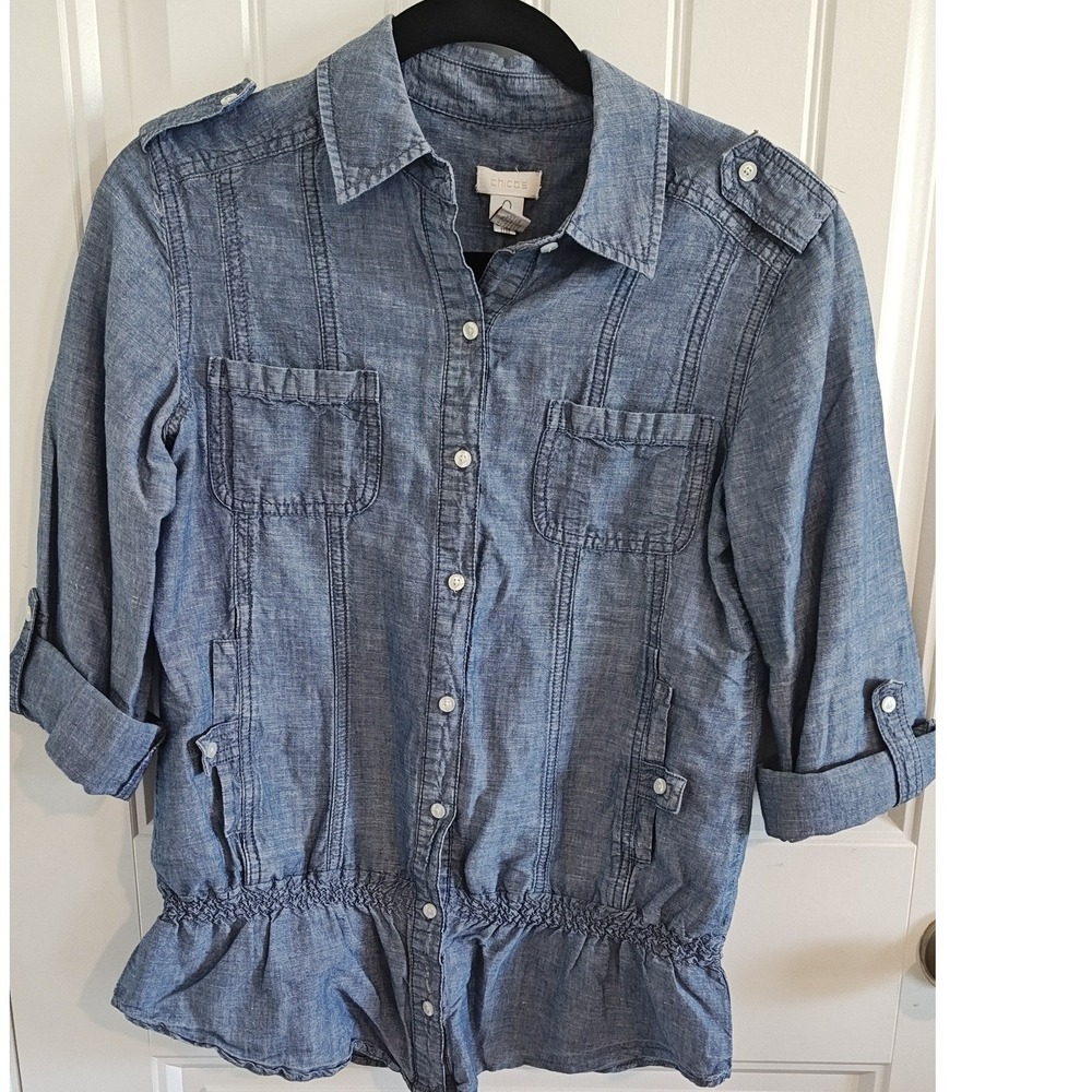Women Size 0 (medium) Chico's Chambray Peplum Utility Shirt Blue Coastal